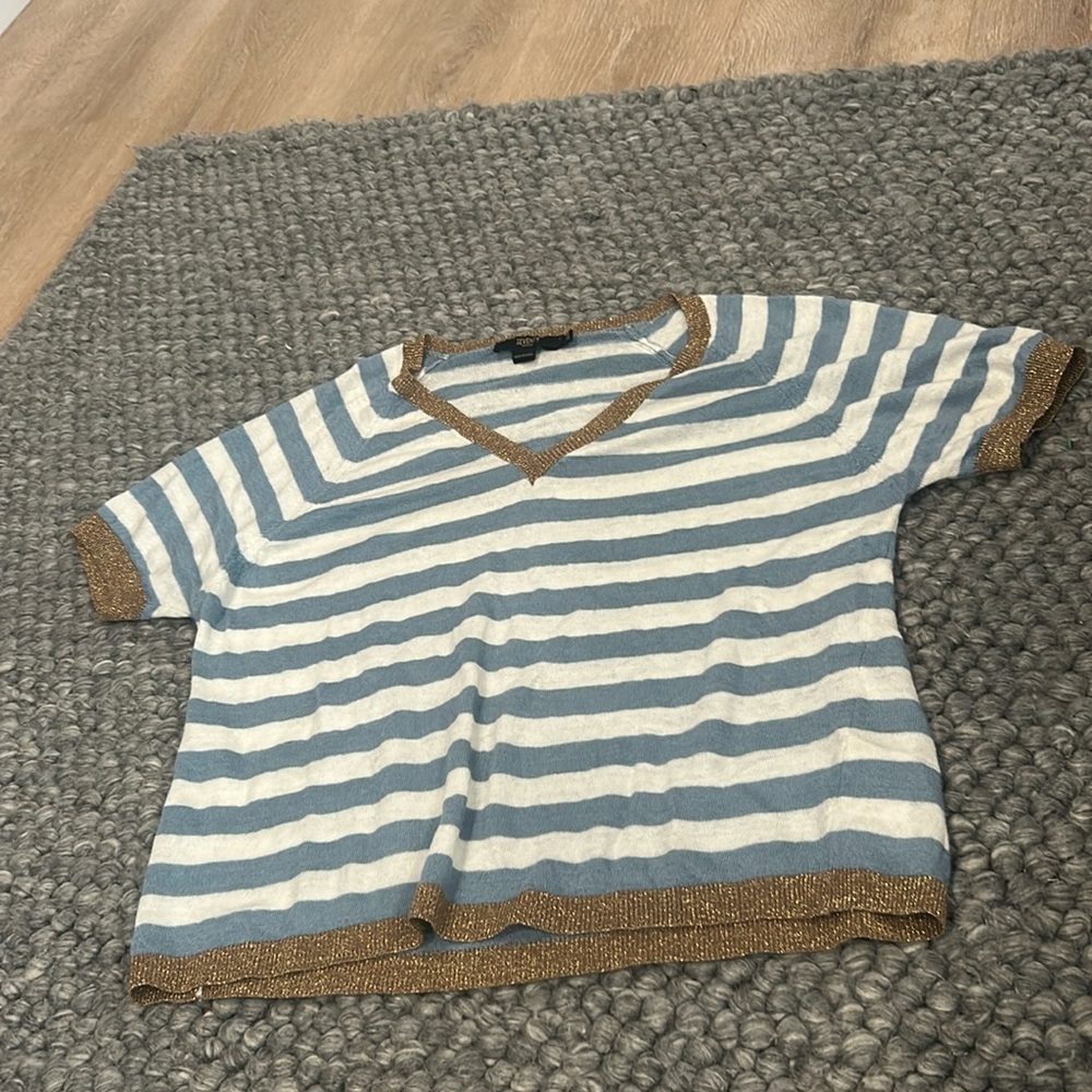 seventy vinezia blue white striped gold trimmed knit top
size 44